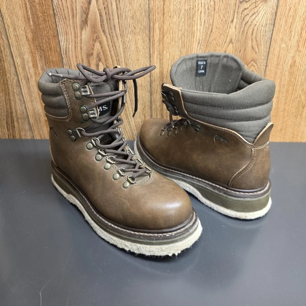 Simms Mens Wading Boots Size 7 Brown Leather Felt Sole Fly Fishing Boots